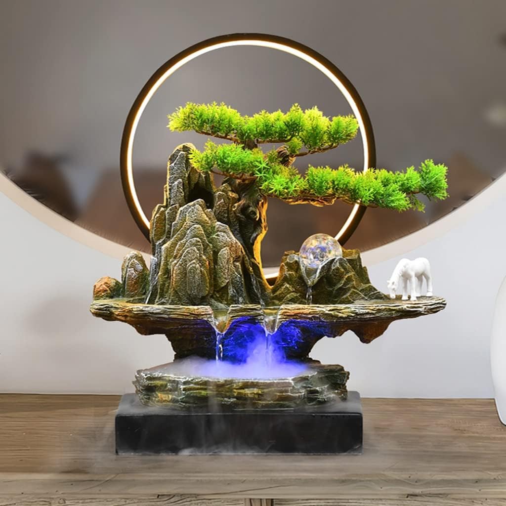 HIHELO Desktop Fountain Tabletop Fountain Resin Rockery Desktop Fountain with LED Light Living Room Decorative Waterscape Ornament Water Fountain Outdoor (Color : with Nebulizer)
