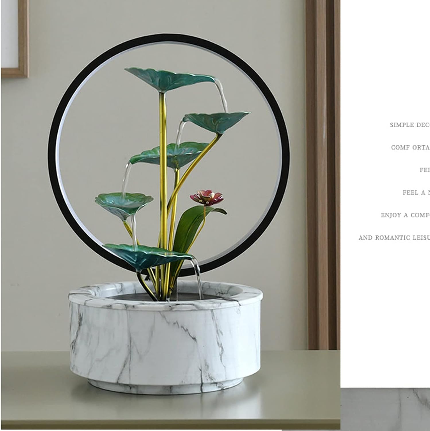 HIHELO Desktop Fountain Indoor Fountain 5 Tiers Lotus Leaf Tabletop Fountain Relaxing Waterfall Room Decoration LED with Round Scene Light Water Fountain Outdoor (Color : White)