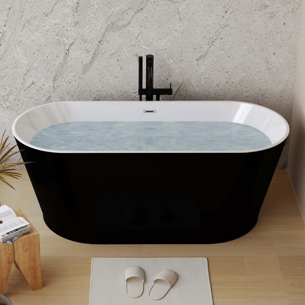 59' Oval Freestanding Soaking Bathtub with Toe-Tap Chrome Drain, Stand Alone Tub, Acrylic Soaking Tub, Ergonomic (Black, 59')