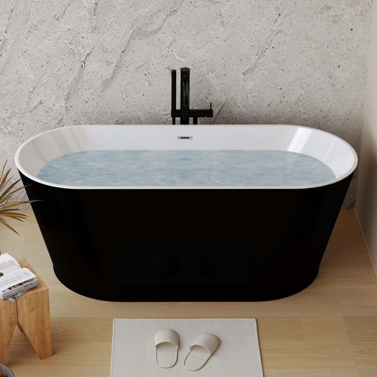 59' Oval Freestanding Soaking Bathtub with Toe-Tap Chrome Drain, Stand Alone Tub, Acrylic Soaking Tub, Ergonomic (Black, 59')