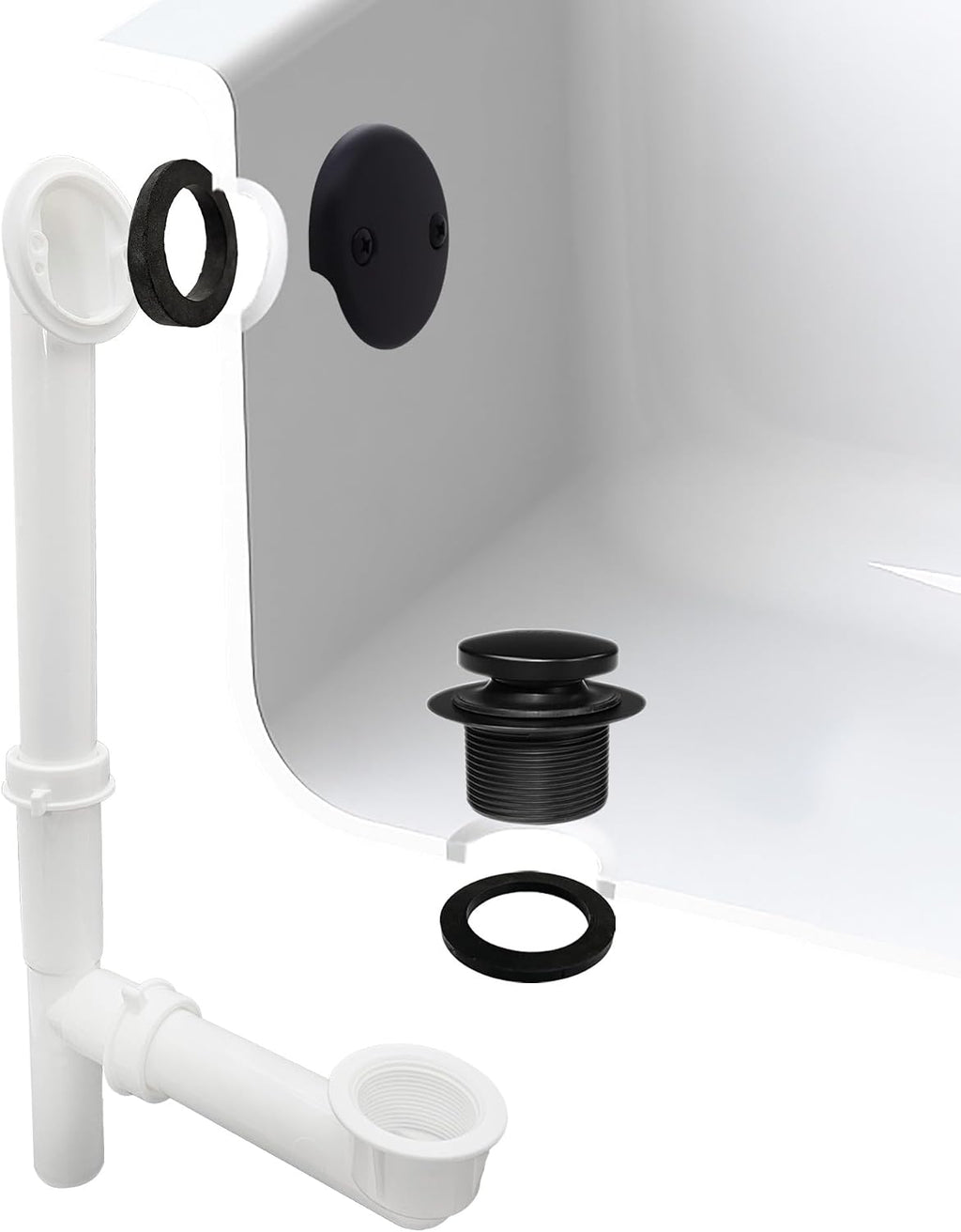 Westbrass 593244-12-62 14' x 1-1/2' White Tubular Bathtub Waste & Overflow Assembly with Tip-Toe Drain Plug and 2-Hole Faceplate, Matte Black (12-Pack)