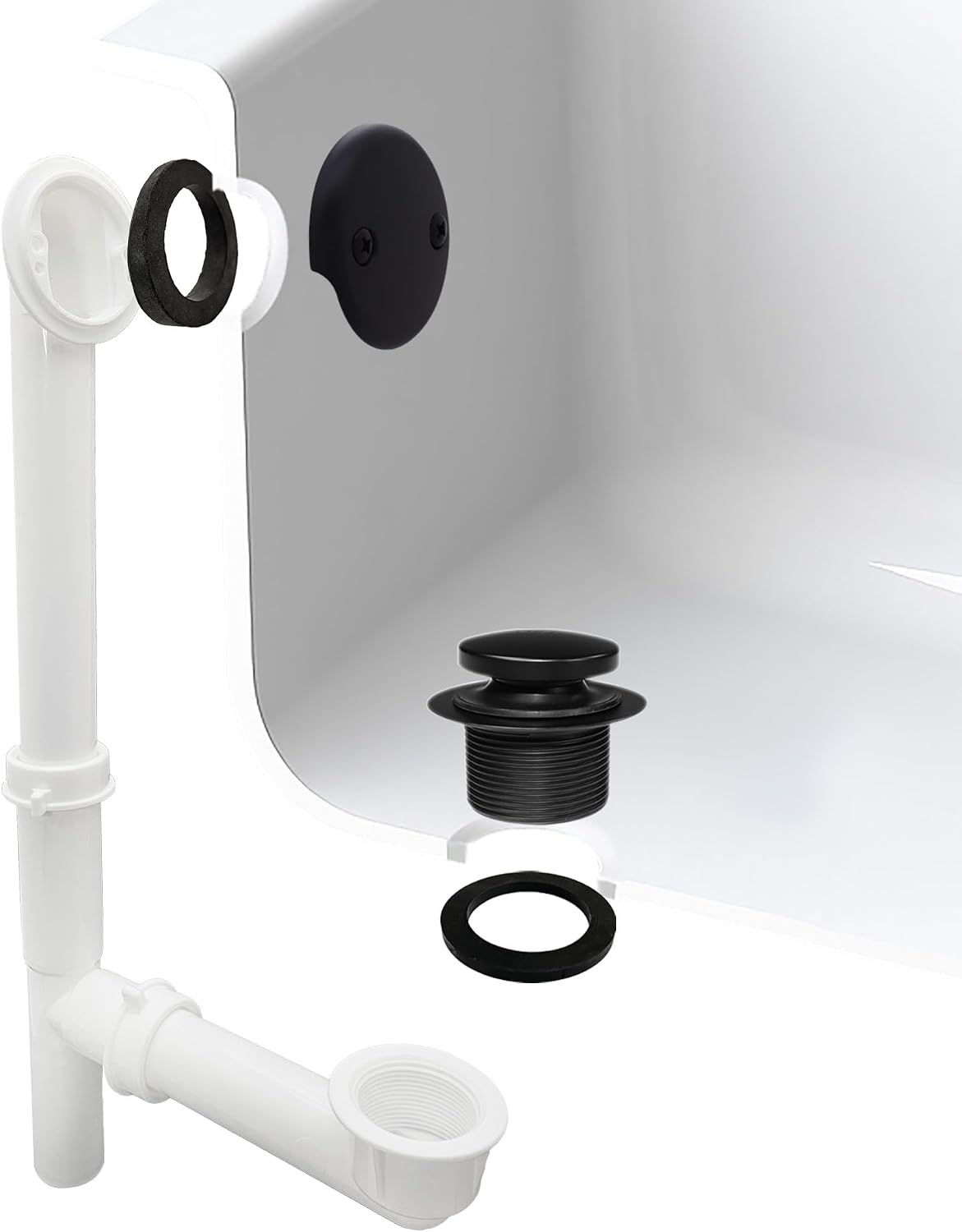 Westbrass 593244-12-62 14' x 1-1/2' White Tubular Bathtub Waste & Overflow Assembly with Tip-Toe Drain Plug and 2-Hole Faceplate, Matte Black (12-Pack)