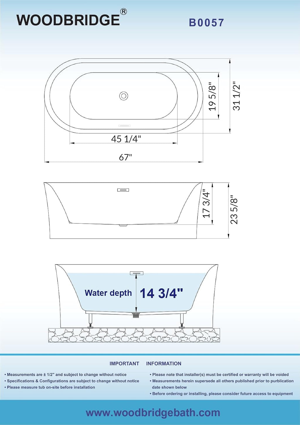 WOODBRIDGE 67' Acrylic Freestanding Bathtub Contemporary Soaking Tub with Matte Black Overflow and Drain,White Tub,B0057-MB