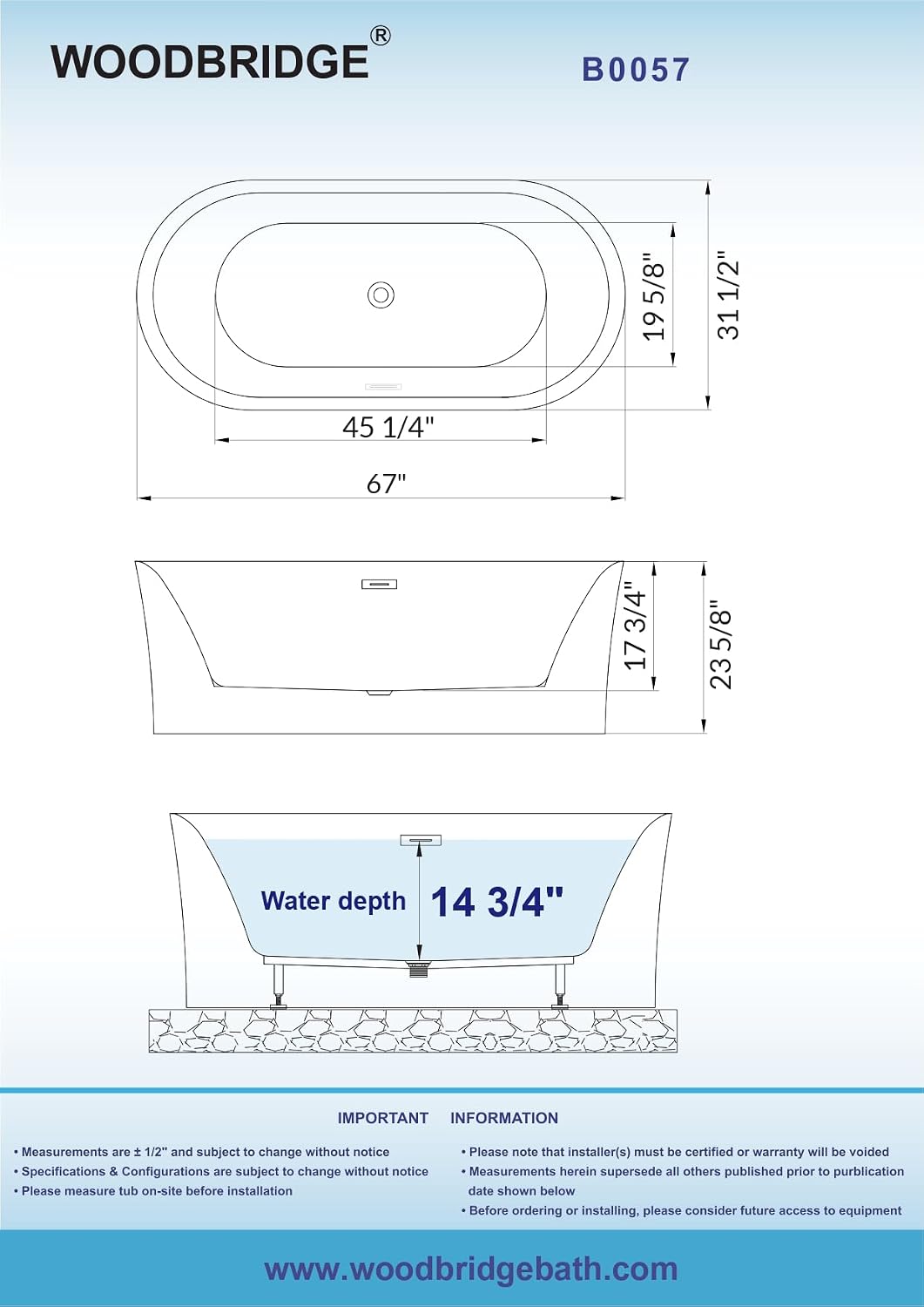 WOODBRIDGE 67' Acrylic Freestanding Bathtub Contemporary Soaking Tub with Matte Black Overflow and Drain,White Tub,B0057-MB