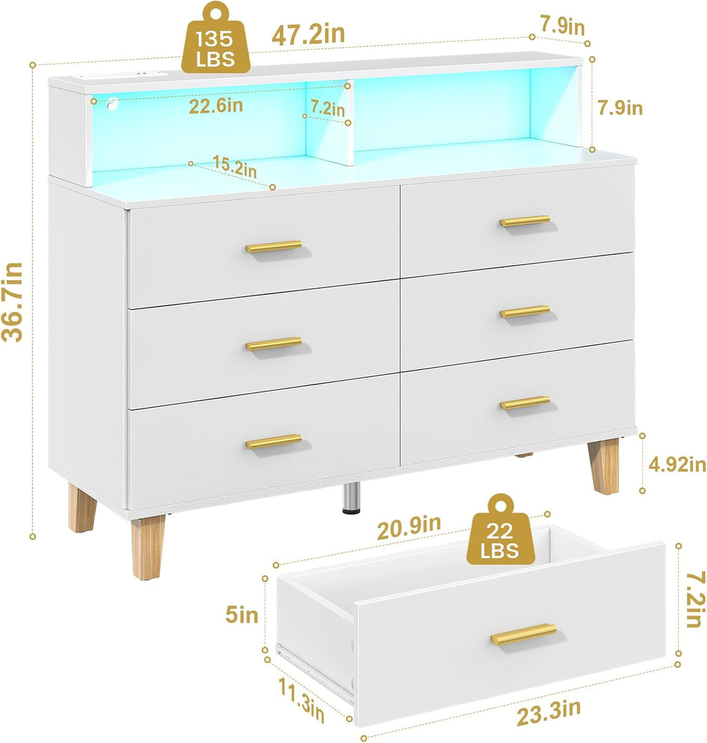knoworld White 6 Drawer Dresser for Bedroom, Chest of Drawers with LED Light and Power Outlet, Tall Wide Dresser for Organizer Cabinet Bedroom,Living Room,Hallway, Entryway