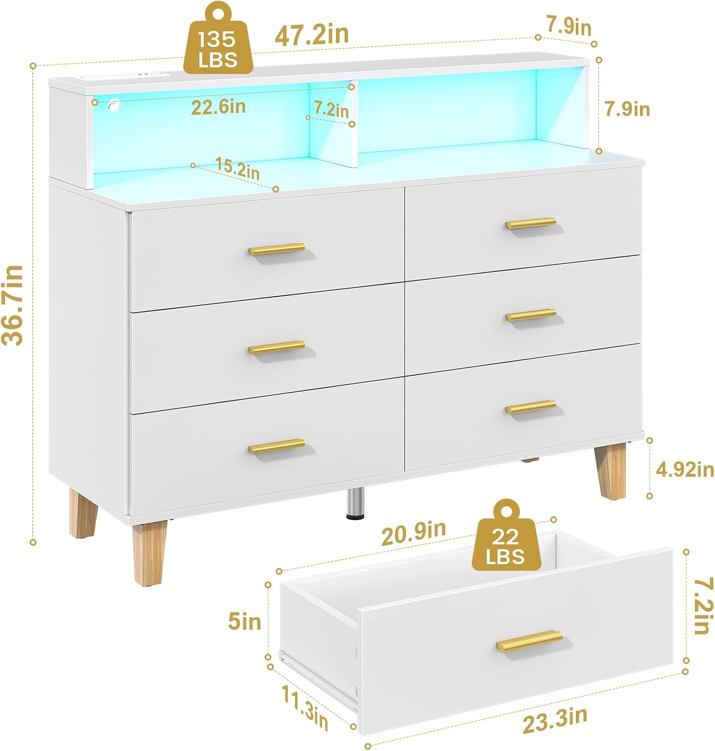 knoworld White 6 Drawer Dresser for Bedroom, Chest of Drawers with LED Light and Power Outlet, Tall Wide Dresser for Organizer Cabinet Bedroom,Living Room,Hallway, Entryway