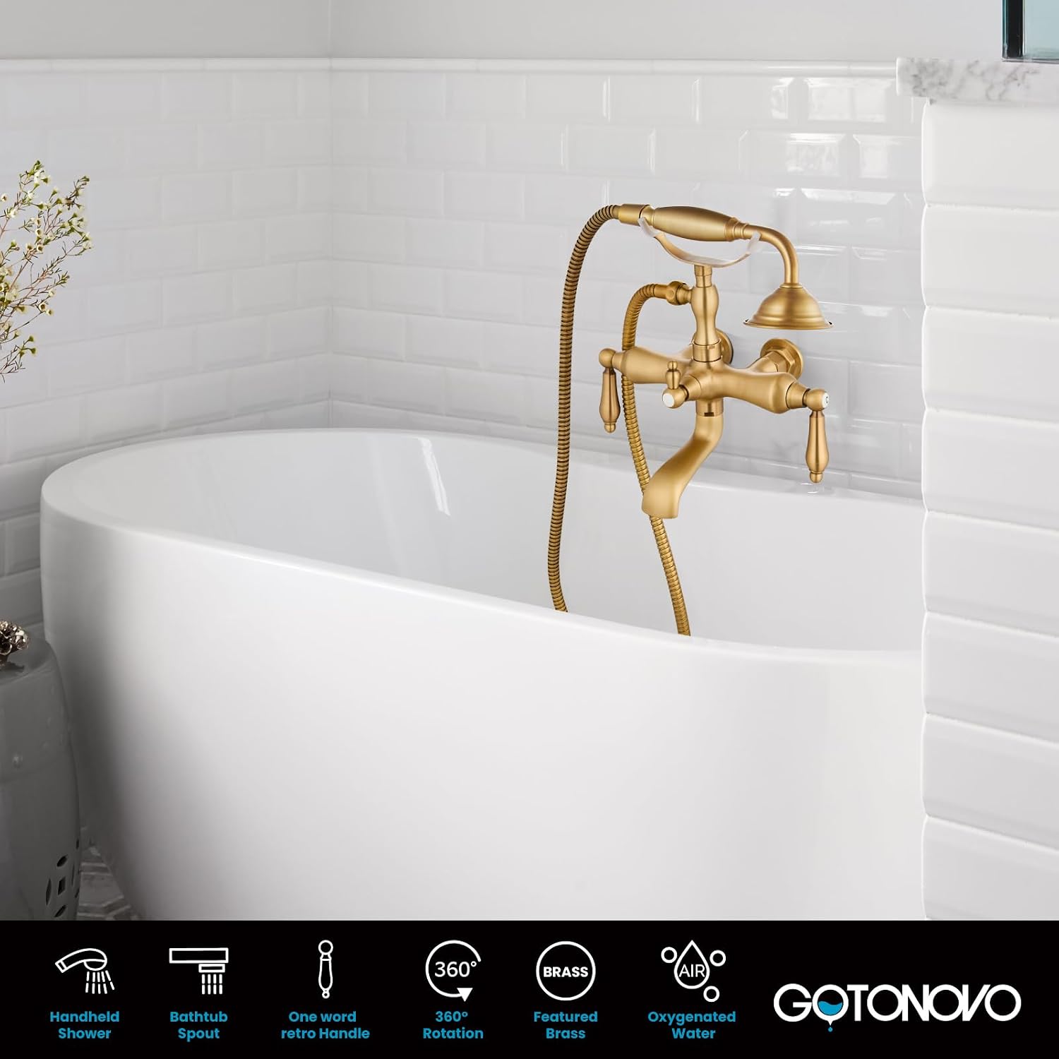 gotonovo 3 3/8 Vintage Bathtub Filler Wall Mount Clawfoot Tub Faucet Shower Kit with Handheld Shower 2-Functions Double Level Handle Modern Telephone Handheld Shower Antique Brass