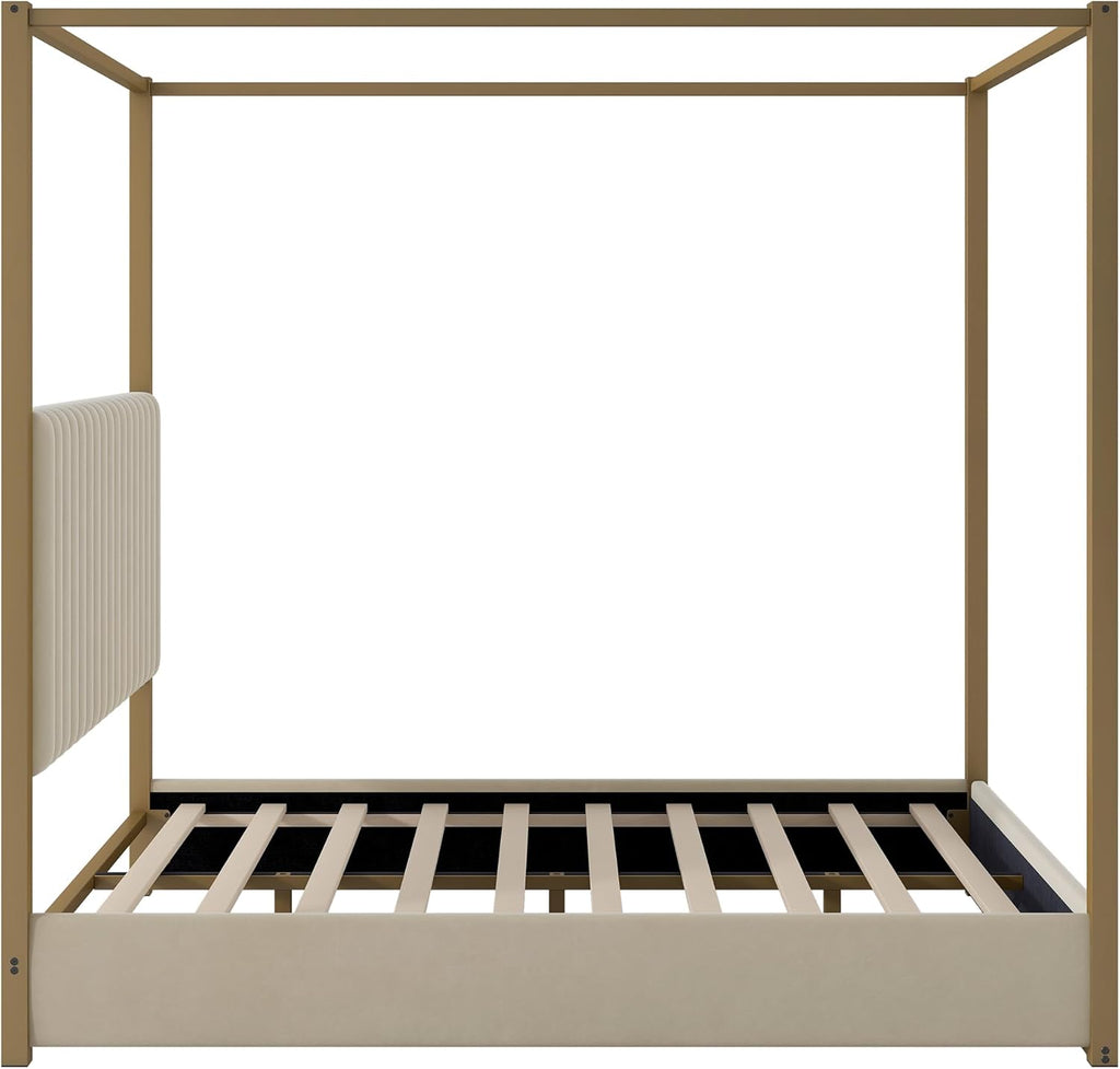 LUMISOL Queen Size Metal Canopy Bed Frame, 4 Poster Canopy Bed with Tall Upholstered Headboard, Upholstered Low Profile Canopy Platform Bed, No Box Spring Needed, Beige + Gold