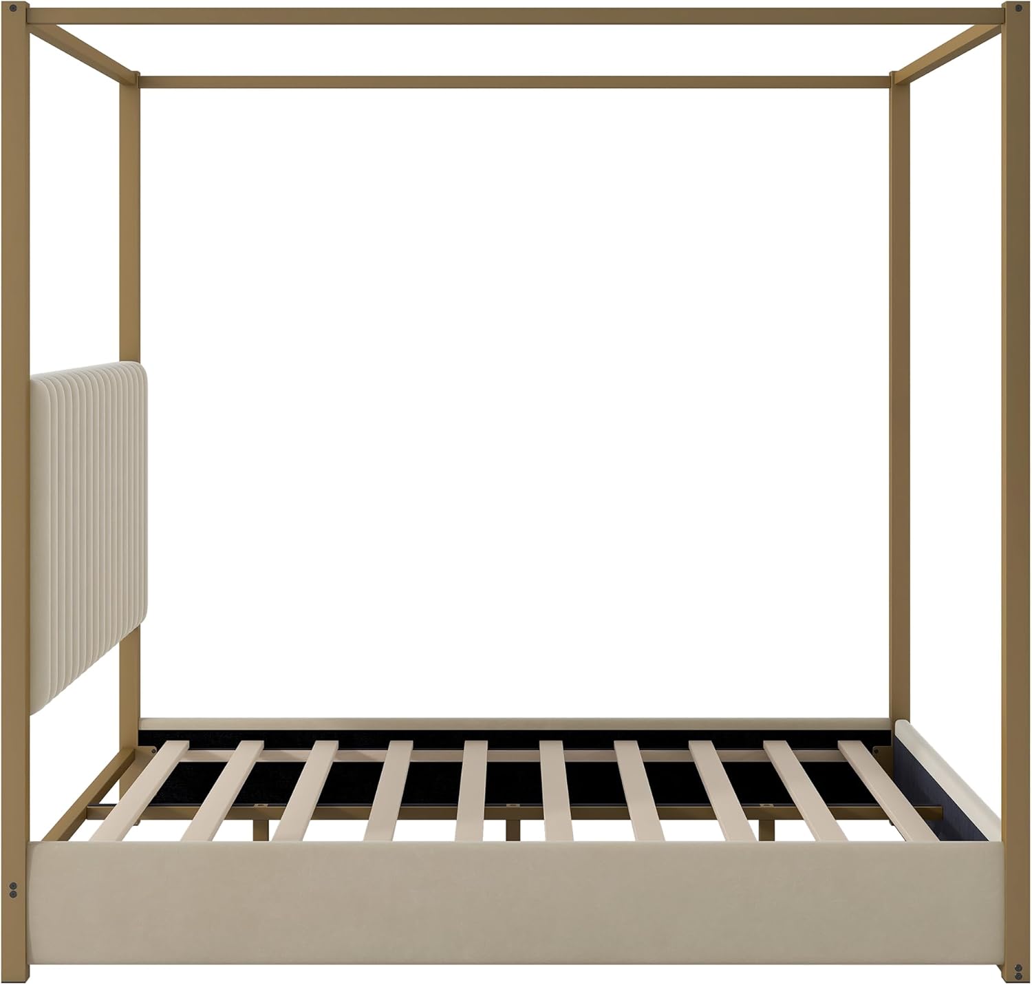 LUMISOL Queen Size Metal Canopy Bed Frame, 4 Poster Canopy Bed with Tall Upholstered Headboard, Upholstered Low Profile Canopy Platform Bed, No Box Spring Needed, Beige + Gold