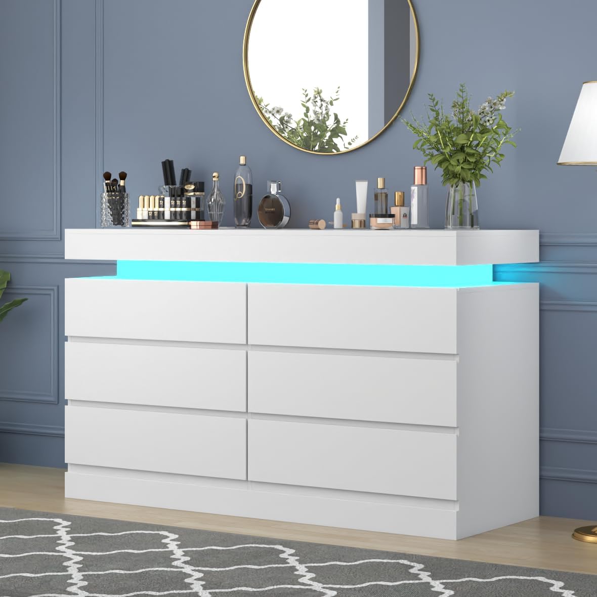 Gyfimoie 6 Drawer Dresser with Power Outlet, Dresser with LED Light, Modern Chest of Drawers for Closet, Double Wide Drawer Organizer Cabinet for Bedroom, Living Room (White, 6 Drawers)