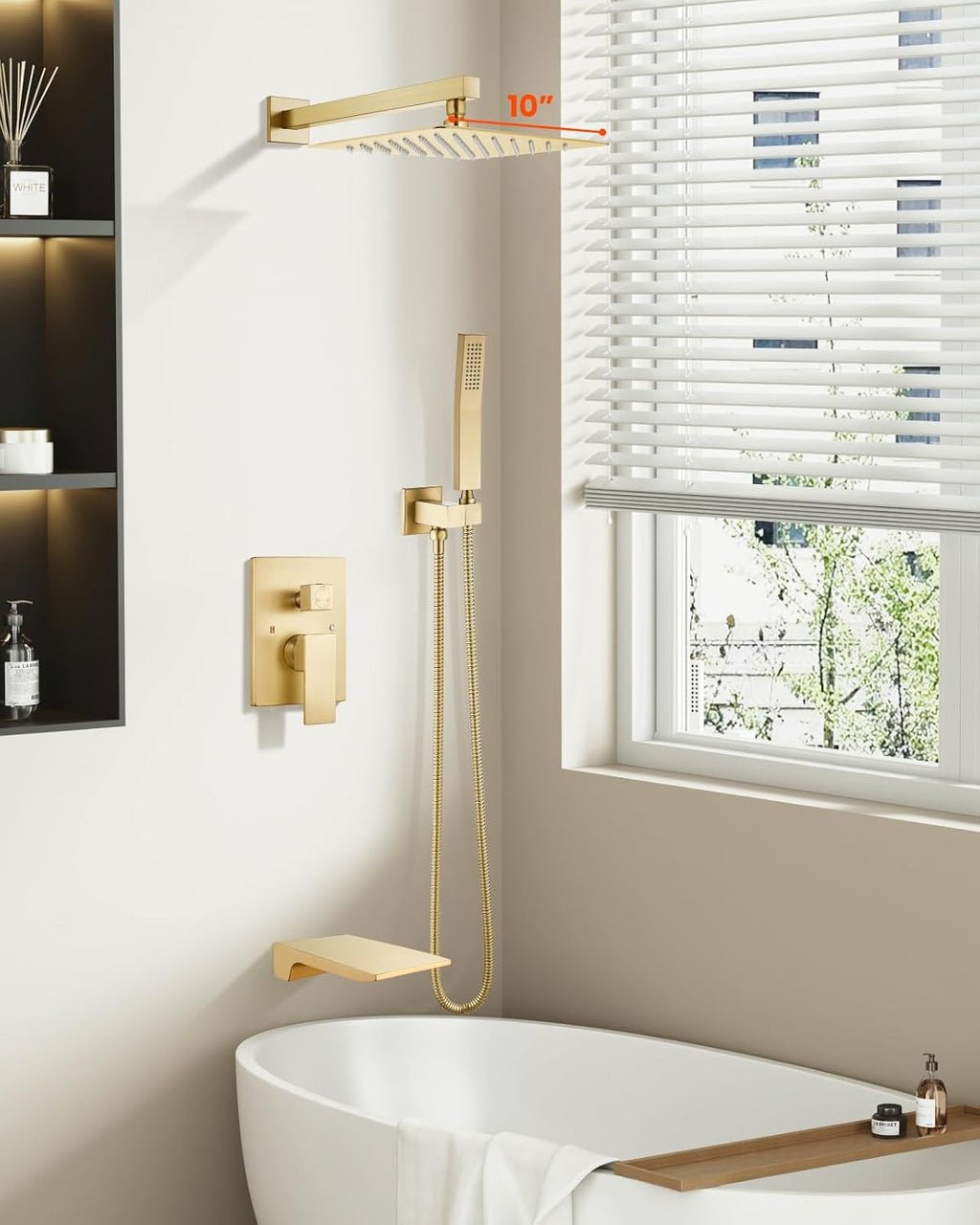 gotonovo Shower System with Tub Spout,Waterfall Tub Shower Faucet Set for Bathroom Head and Handle Set Wall Mounted 3 Function Rough-in Valve and Trim Included 10 inch Shower Head Brushed Gold