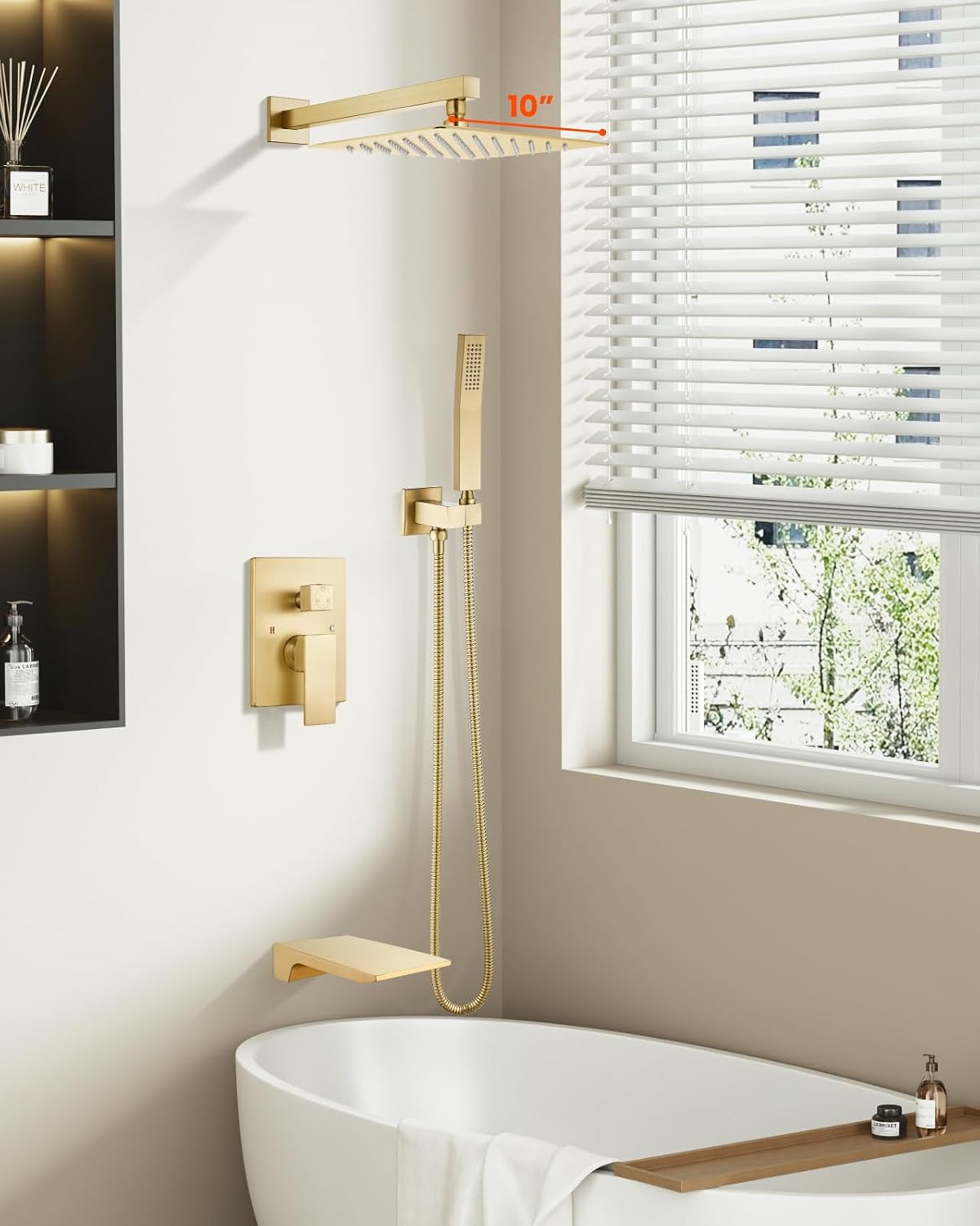 gotonovo Shower System with Tub Spout,Waterfall Tub Shower Faucet Set for Bathroom Head and Handle Set Wall Mounted 3 Function Rough-in Valve and Trim Included 10 inch Shower Head Brushed Gold