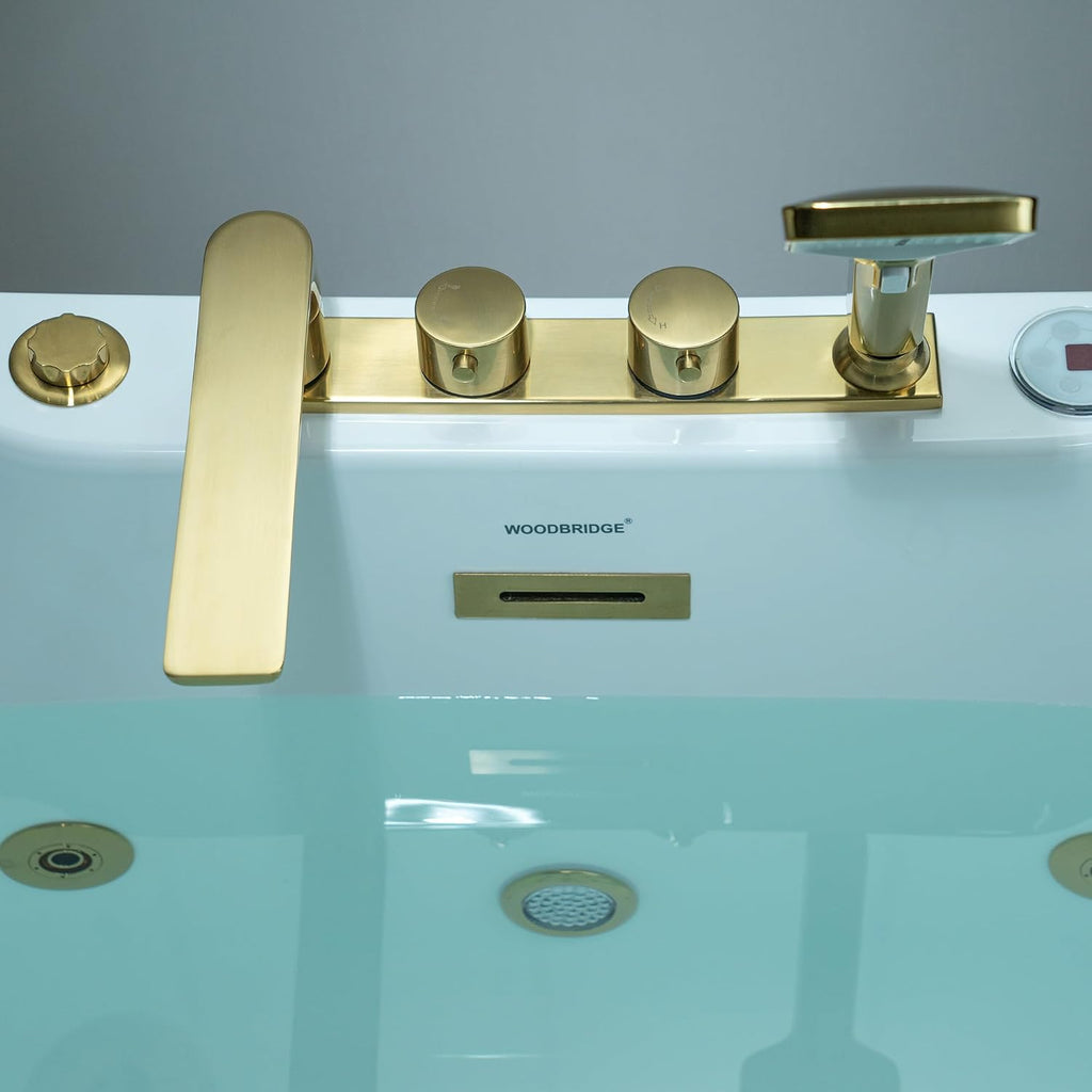 WOODBRIDGE 72' x 35-3/8' Whirlpool and Air Bath Heated Soaking Combination Tub with Adjustable Speed Air Blower and Display Control Panel, Brushed Gold Finish Trim and Drain Kit, BG400+F0045BG