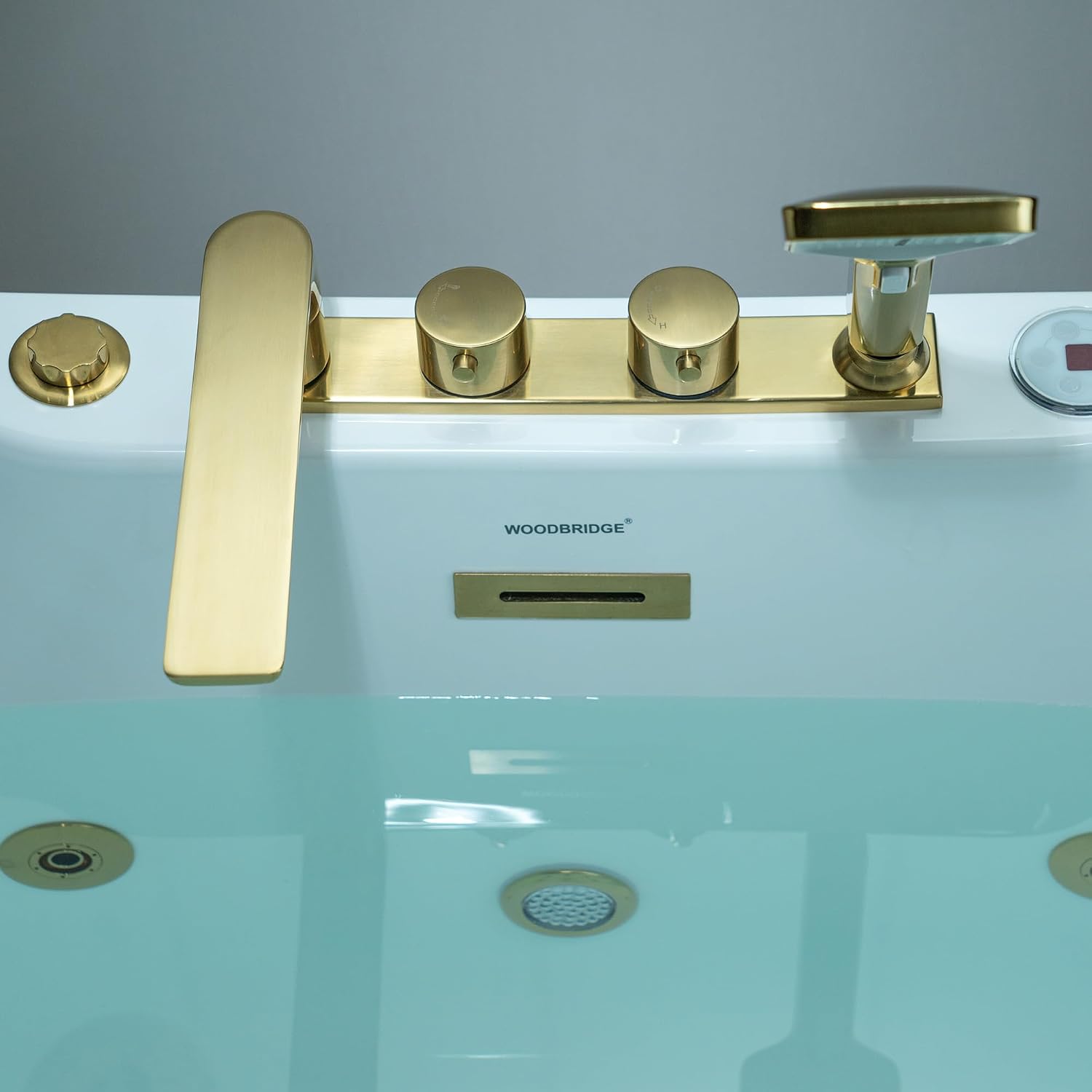 WOODBRIDGE 72' x 35-3/8' Whirlpool and Air Bath Heated Soaking Combination Tub with Adjustable Speed Air Blower and Display Control Panel, Brushed Gold Finish Trim and Drain Kit, BG400+F0045BG