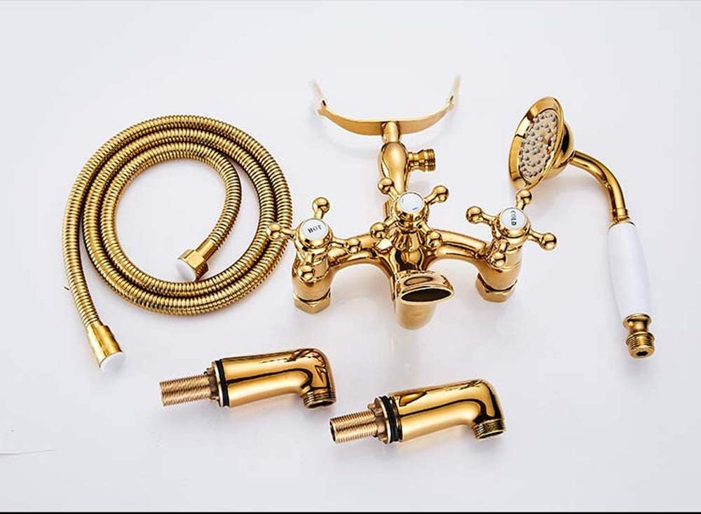 Electroplating Gold Bath Shower Set Bathtub Side Simple Shower Deck Installation Double Handle 2 Functions Hand Shower Thick Brass Mixing Valve Hot and Cold Water s Rotating Faucet Full Moon