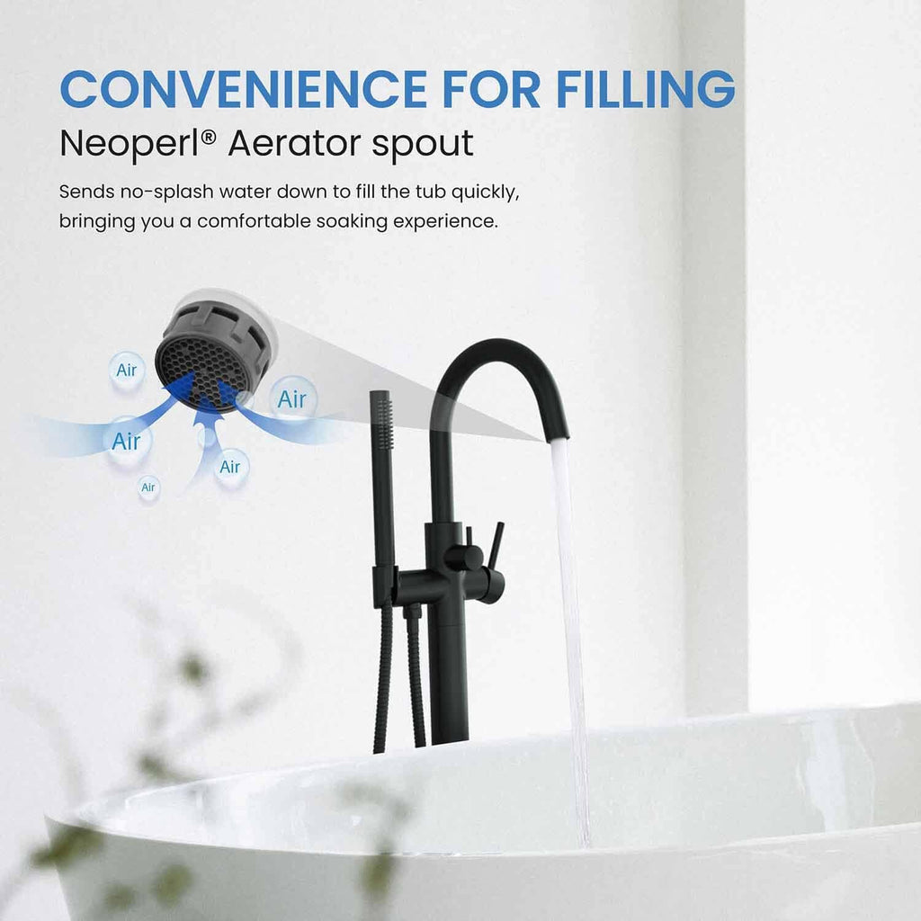 KIBI Circular Floor Mount Bathtub Faucet with Hand Shower Single Handle Freestanding Tub Filler Modern Bath Faucet Matte Black Finish Solid Brass KTF301