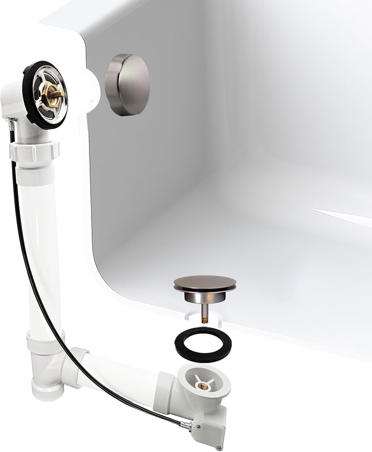 Westbrass A50P35BJ-20 1-1/2' Sch. 40 PVC 35' Cable Driven Bath Waste Kit with Ball Joint Head and Brass Trim Drain Kit, Stainless Steel