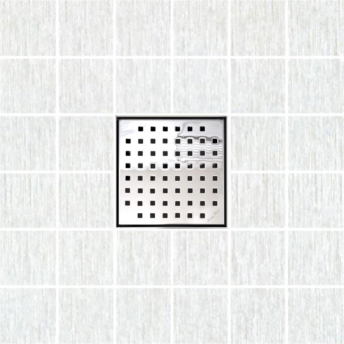 SereneDrains 304 Stainless Steel 6 Inch Square Polished Chrome Shower Drain Kit for Tile Floor Drain Grate Cover Hair Catcher Trap Strainer Filter (Polished Chrome, Traditional Square Design)