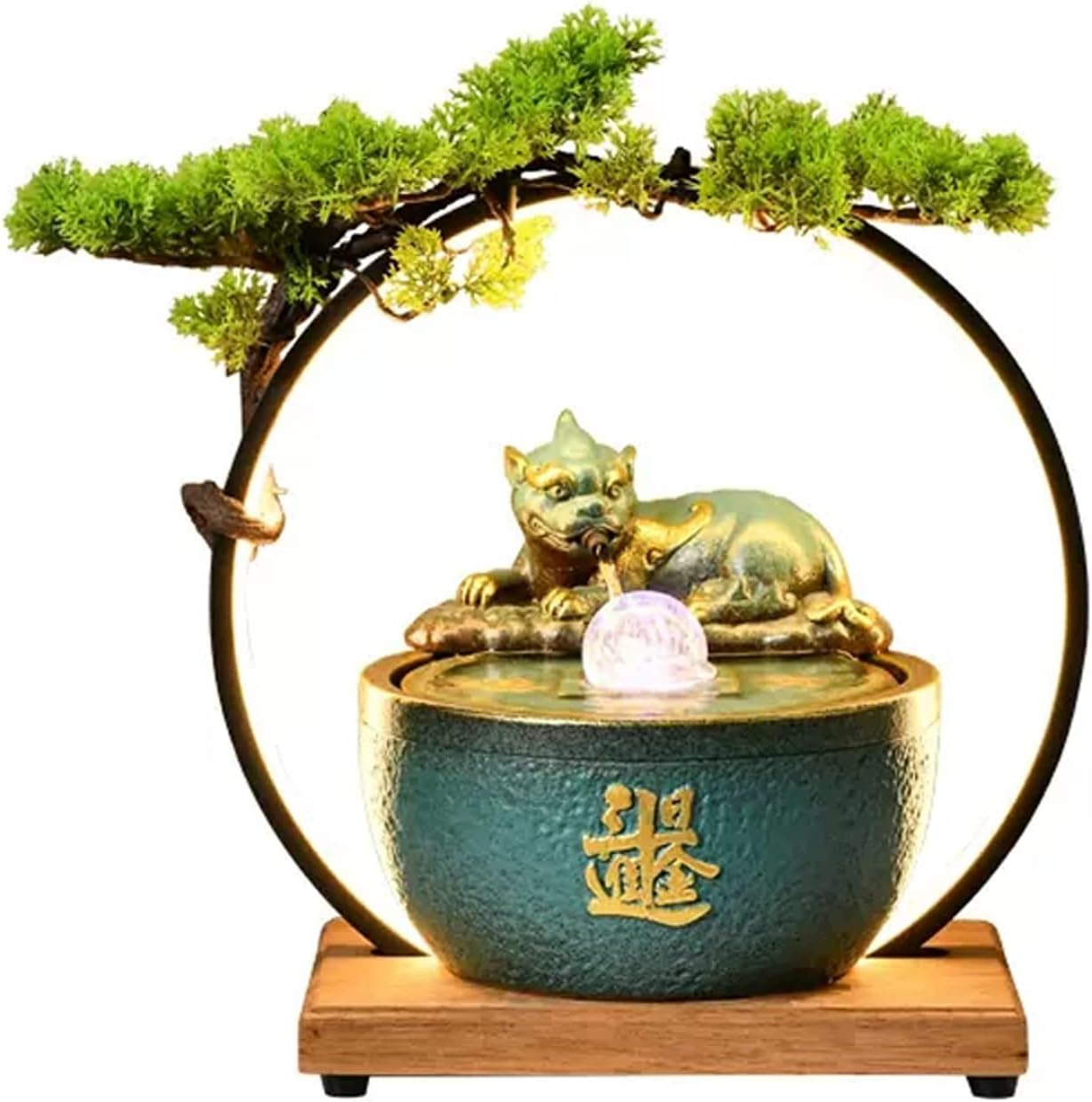 HIHELO Desktop Fountain Ceramic Tabletop Fountain with Wooden Base and LED Light Indoor Feng Shui Water Feature Office Home Decor Night Light Water Fountain Outdoor
