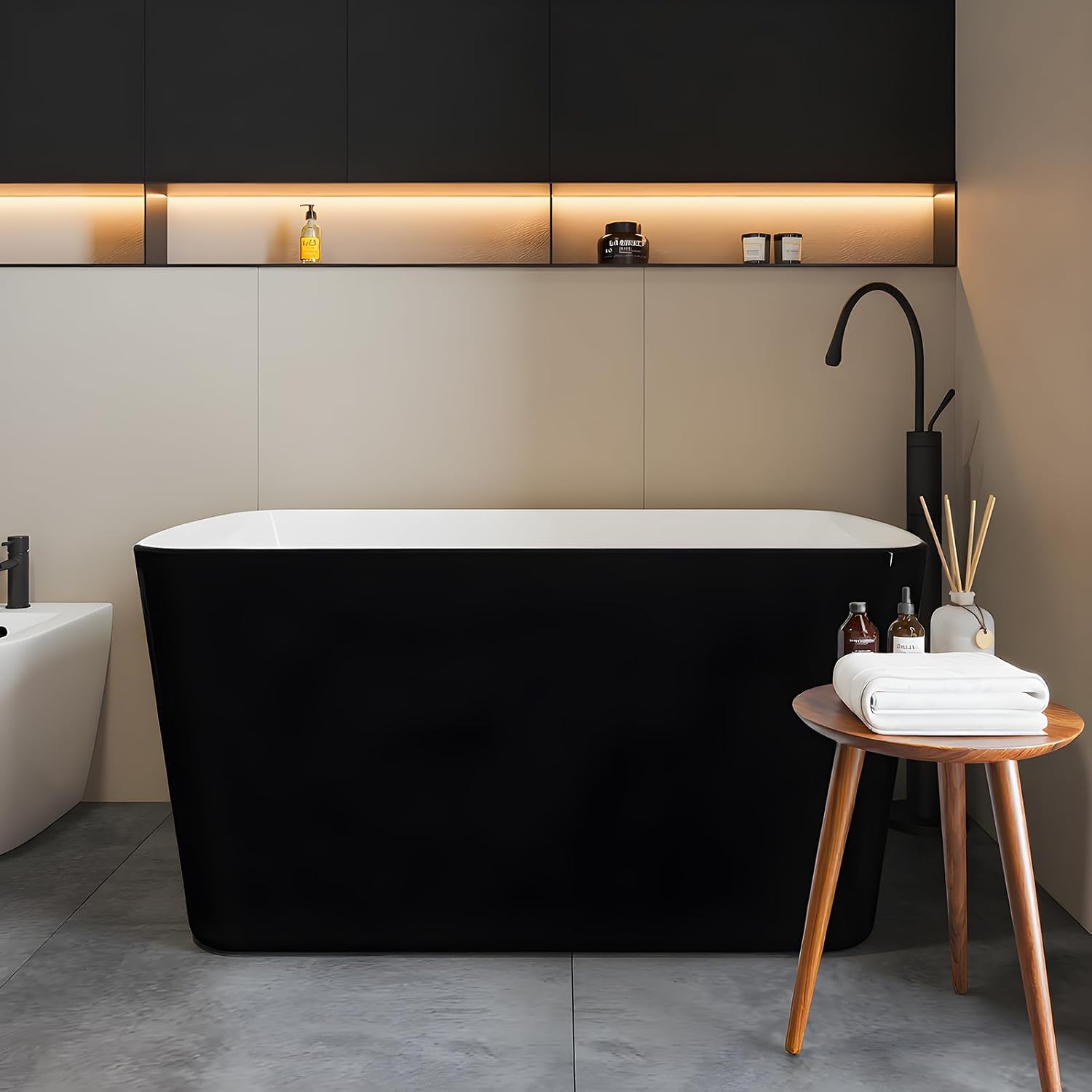 49 Inch Freestanding Bathtub Acrylic Deep Soaking Tub with Chrome Overflow & Drain, Compact Sit-In Design for Small Bathroom Renovation, Easy Install Modern (Black & Gloss White Finish)