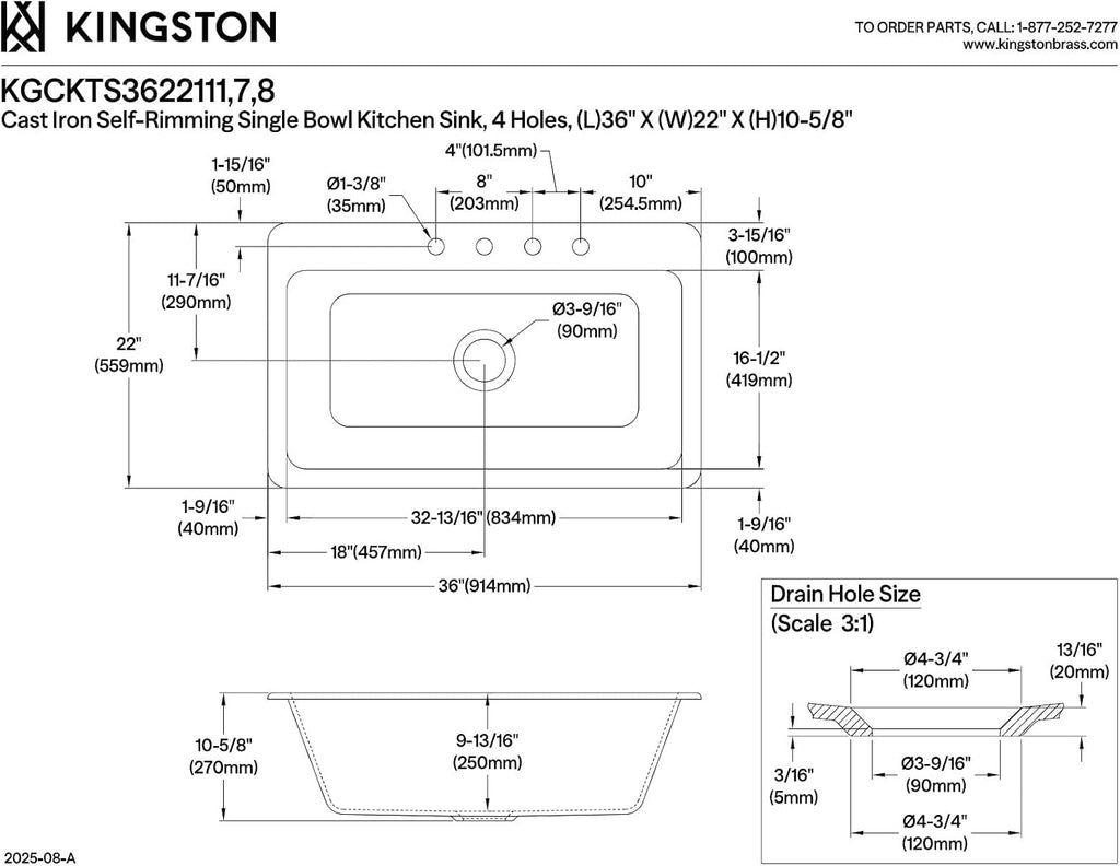 Kingston Brass Towne KGCKTS3622117 36' Cast Iron Self-Rimming Single Bowl Drop-In Kitchen Sink with 4-Hole Drain and Strainer, White/Brushed Brass