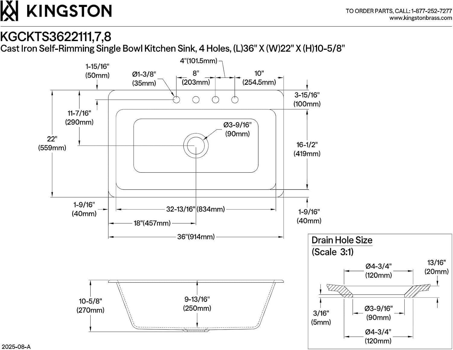 Kingston Brass Towne KGCKTS3622117 36' Cast Iron Self-Rimming Single Bowl Drop-In Kitchen Sink with 4-Hole Drain and Strainer, White/Brushed Brass