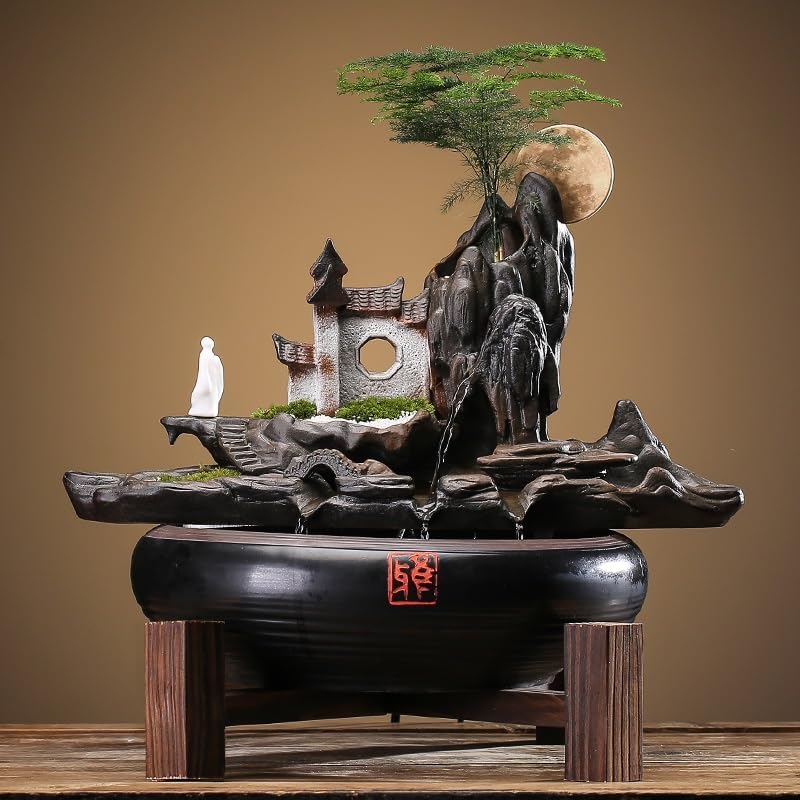 GUERNSEY Tabletop Fountain Flowing Water Ornaments Chinese Style Ceramic Home Decoration Humidifier Living Room Office Desktop Fountain with Feng Shui Wheel Indoor Fountain
