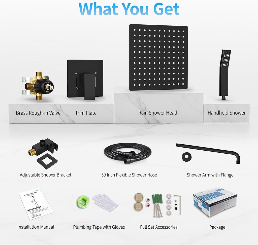 EMBATHER Shower System,10'Shower Faucet Set with Rain Shower Head and Handheld Spray Combo,Included Valve and Trim Kit,Mattle Black