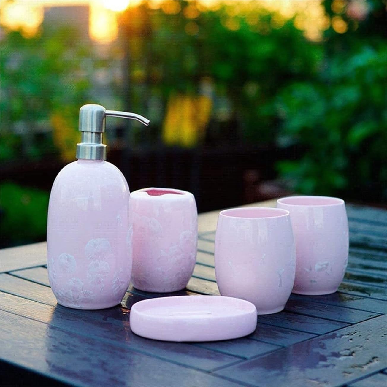 Countertop Organizer for Bathroom Soap Dispenser Decoration Ceramic Bathroom Accessory Set 5-Piece with Ice Flower Pattern Home Decor(Blue)