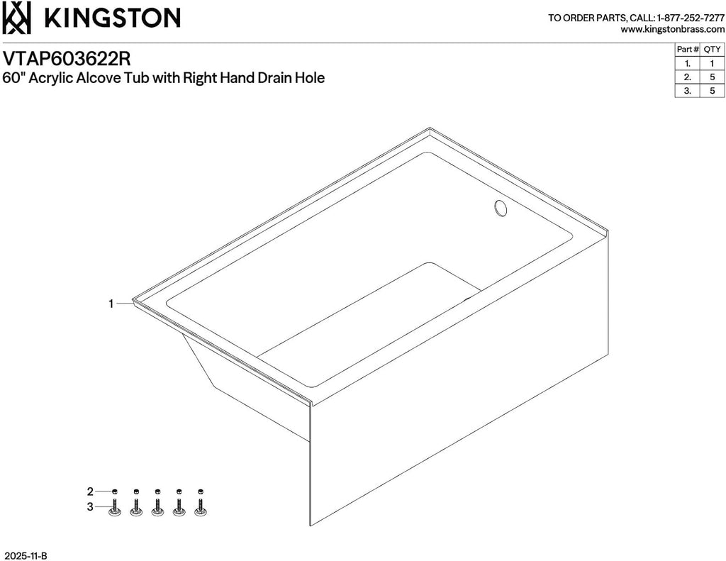 Kingston Brass Aqua Eden VTAP603622R 60-Inch Acrylic Alcove Tub with Right Hand Drain, White