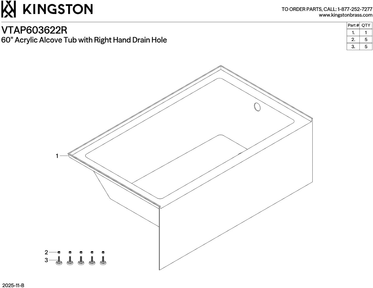 Kingston Brass Aqua Eden VTAP603622R 60-Inch Acrylic Alcove Tub with Right Hand Drain, White