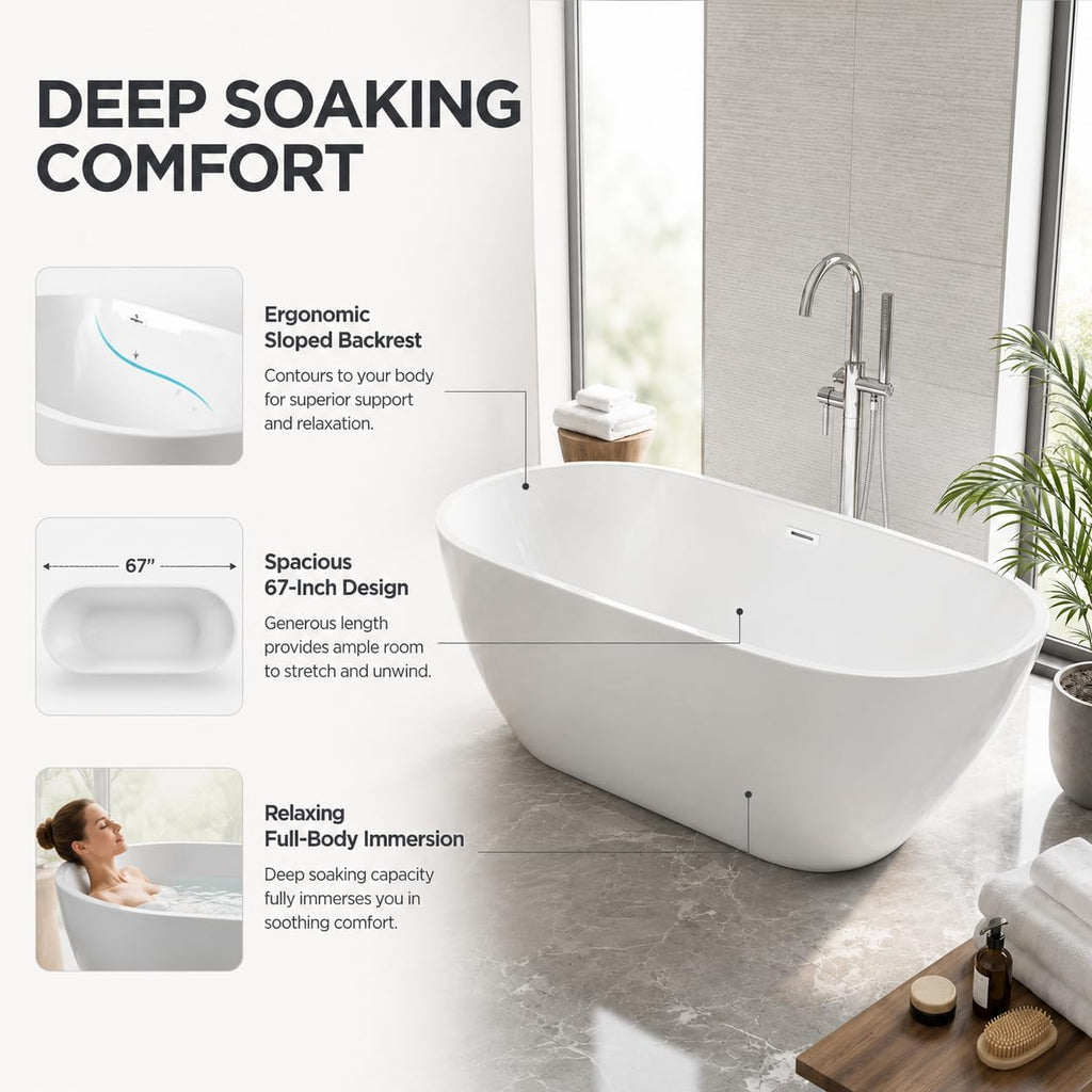 Garvee 67' Deep Soaking Bathtub, Non-Slip Acrylic Tub with Chrome Drain, cUPC Certified, Ergonomic Modern Bath for Bathrooms, Easy-Install, White Pearl