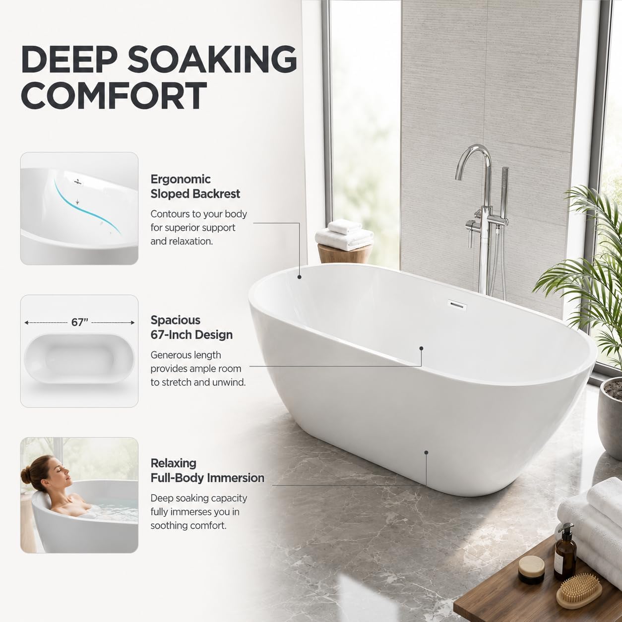 Garvee 67' Deep Soaking Bathtub, Non-Slip Acrylic Tub with Chrome Drain, cUPC Certified, Ergonomic Modern Bath for Bathrooms, Easy-Install, White Pearl