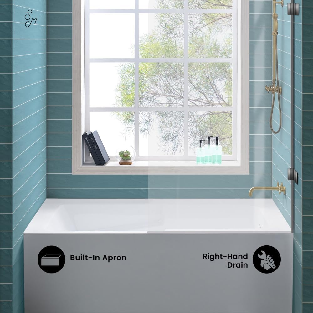 Swiss Madison Voltaire 60 x 30 Skirted Right Drain Soaking Apron Bathtub in Glossy White with Integrated Overflow and Armrest, Drain Included