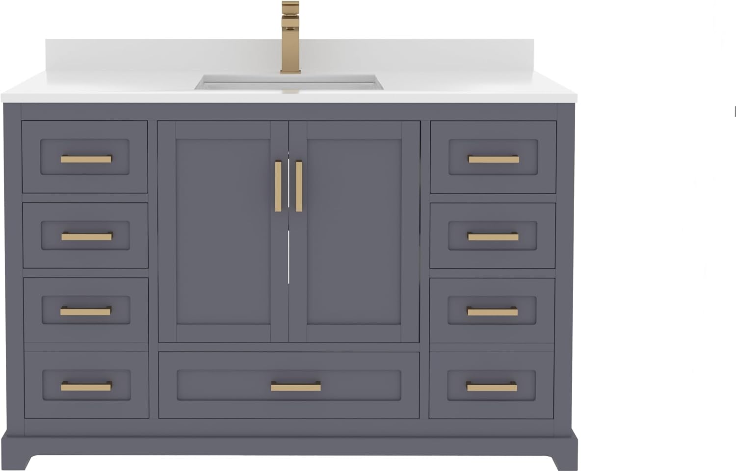 Ayna Decors Maya 48 Inch Single Vanity with Sink and Quartz Countertop in Charcoal Grey, Freestanding Bathroom Vanities with Soft Close Doors and Drawers - Brushed Gold Hardware