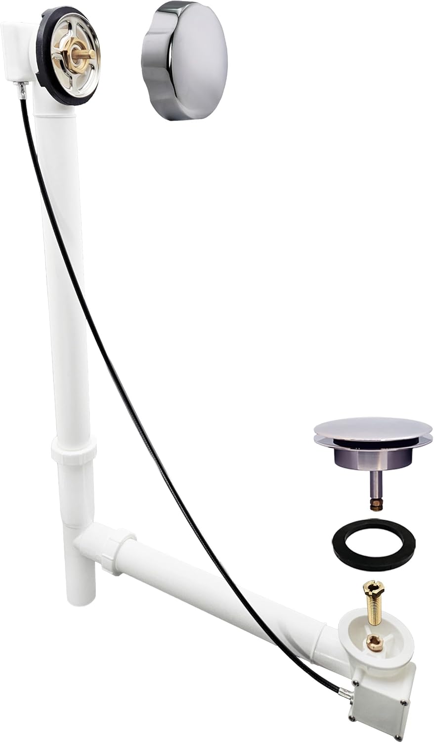 Westbrass A50P35TLE-26 35' Cable Drive Bath Drain Trim Kit with Rotary Overflow Cover Knob, European Stopper and Poly Tubular Pipes, Polished Chrome