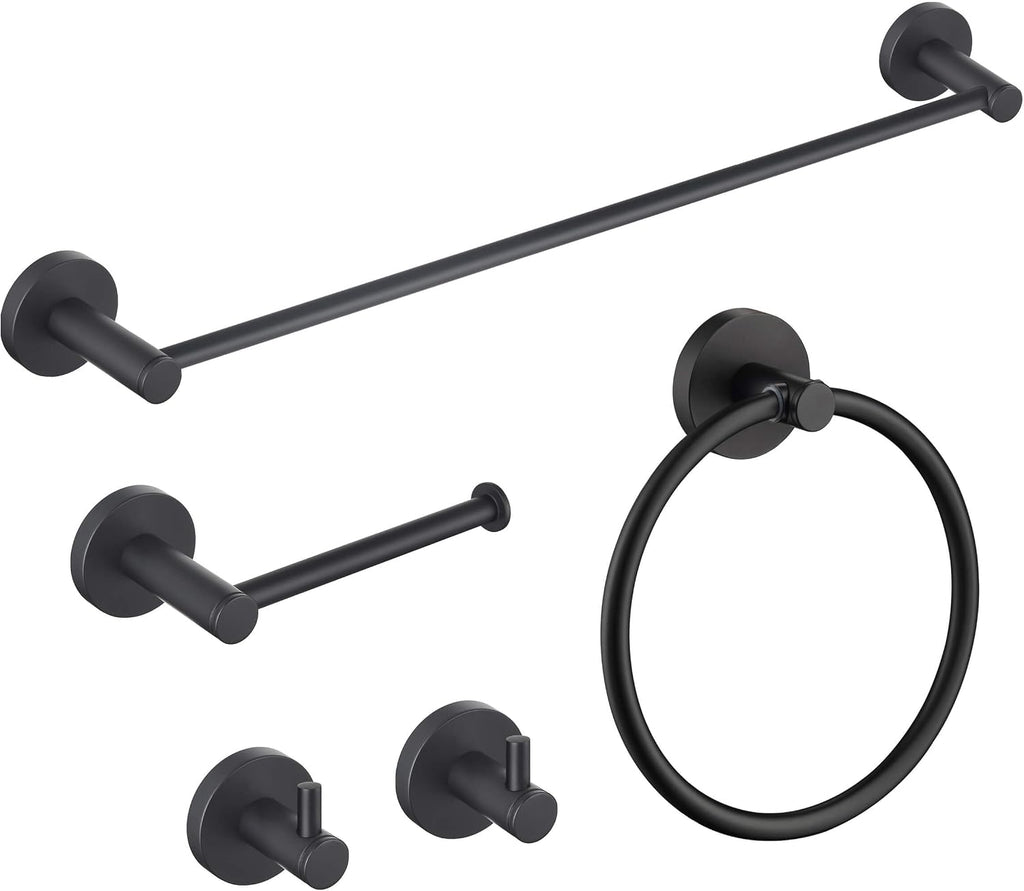 KIBI 5-Piece Bathroom Hardware Set – Wall Mounted Circular Bathroom Accessories Kit with 18 Inch Towel Bar, Towel Ring, Toilet Paper Holder & 2 Robe Hooks – Matte Black