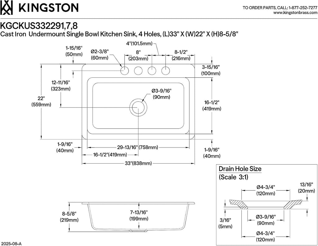 Kingston Brass Towne KGCKUS332298 Cast Iron Single Bowl Undermount Kitchen Sink with 4-Hole Drain and Strainer, White/Brushed Nickel