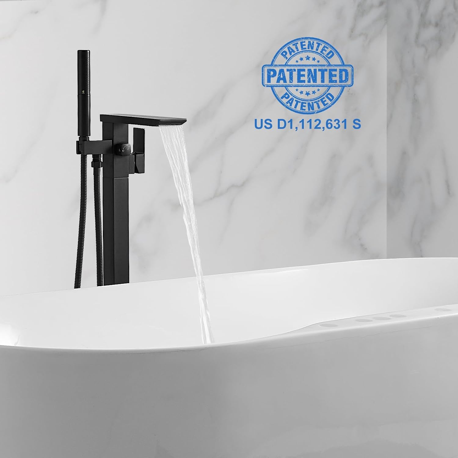 RUMOSE Matte Black Bathtub Filler Freestanding Tub Filler Floor Mount Tub Faucet Waterfall Free Standing Bathtub Faucet High Flow Brass Bath Shower Faucets with Handheld Sprayer