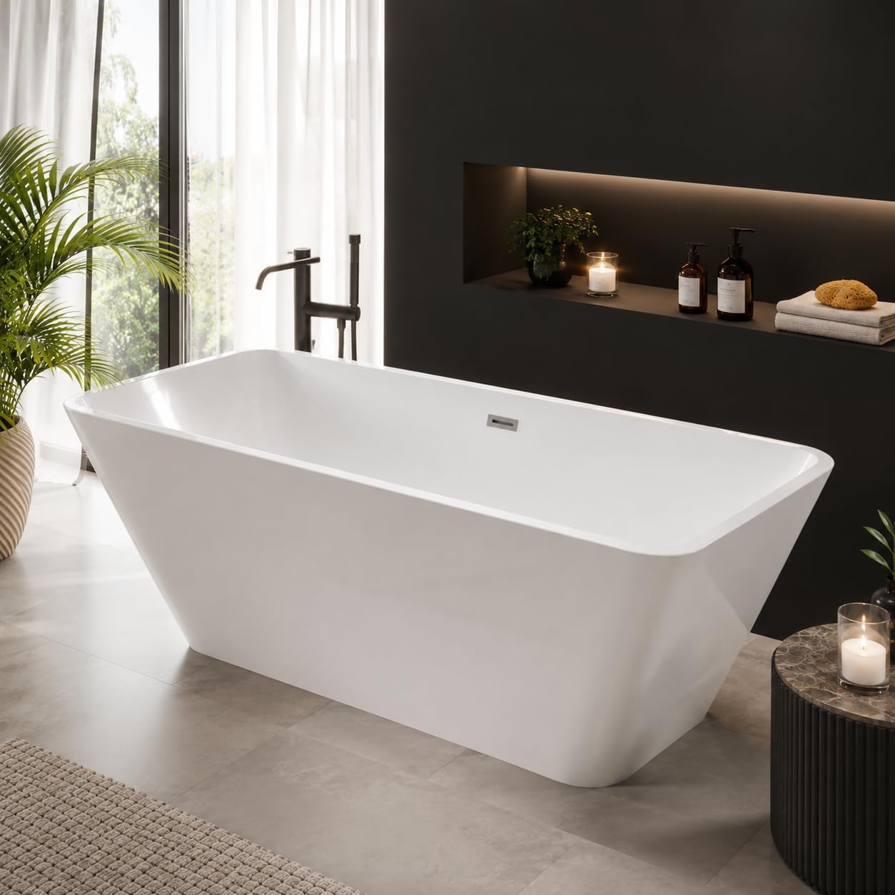 66' Freestanding Acrylic Soaking Tub,Large Freestanding Bathtub with Non-Slip Surface, Overflow and Drain Included, Freestanding Bathtub with Chrome Drain, Deep Stand-Alone Tub for Relaxing Home Spa