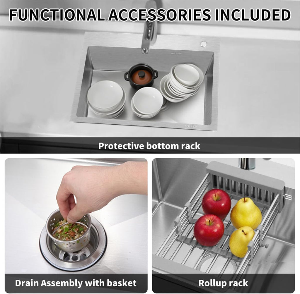 27 inch Kitchen Sink Drop in Stainless Steel Top Mount Sink with Brushed Finish, Single Bowl Workstation Sink with Basket Strainer and Kitchen Sink Caddy Organizer 26.8'D x 17.7'W x 8.3'H