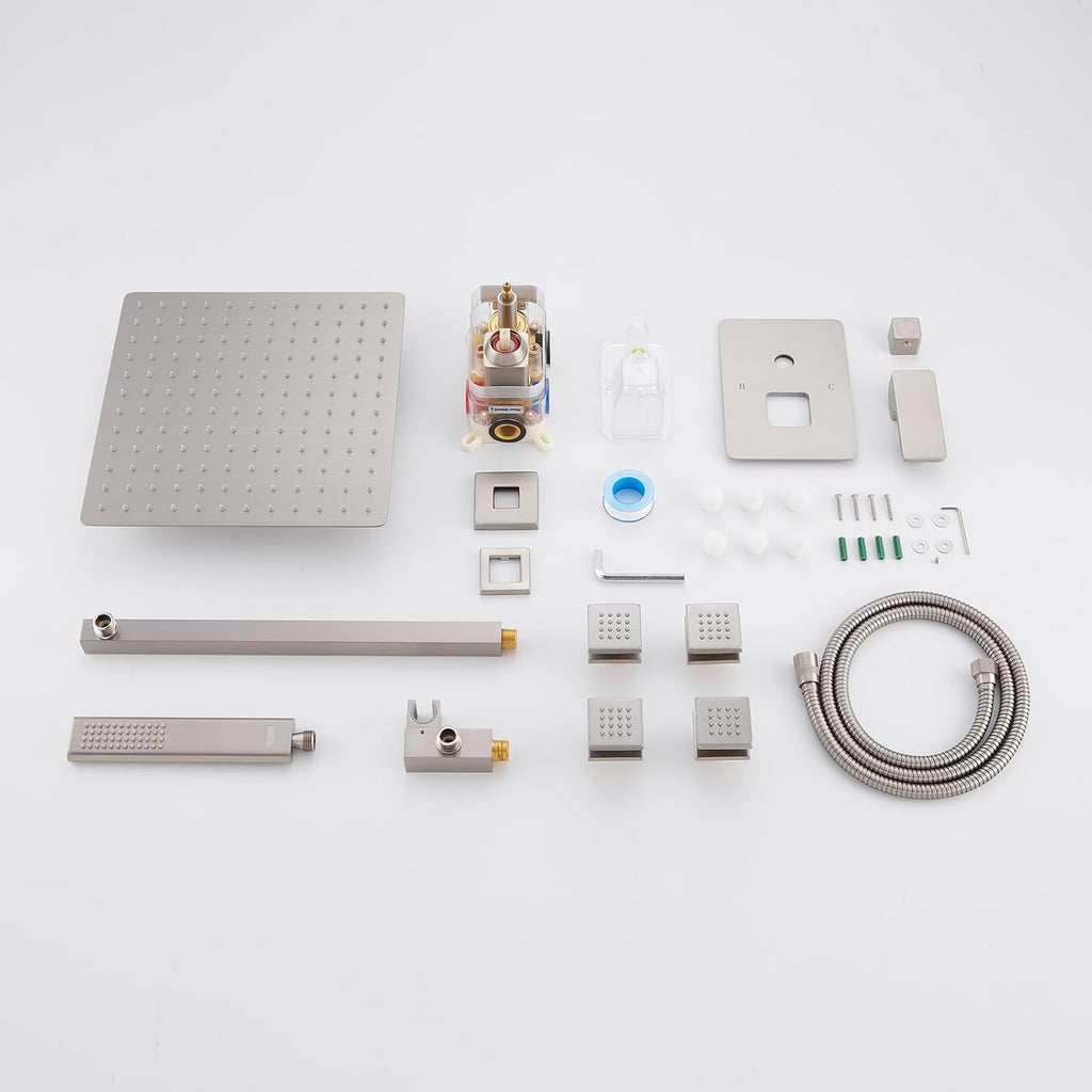 Iriber Brushed Nickel Square Rain Shower System with 4 PCS Body Jets 3 Function Shower Faucet Set Wall Mounted Pressure Balance Shower Trim Kit (Valve Included)