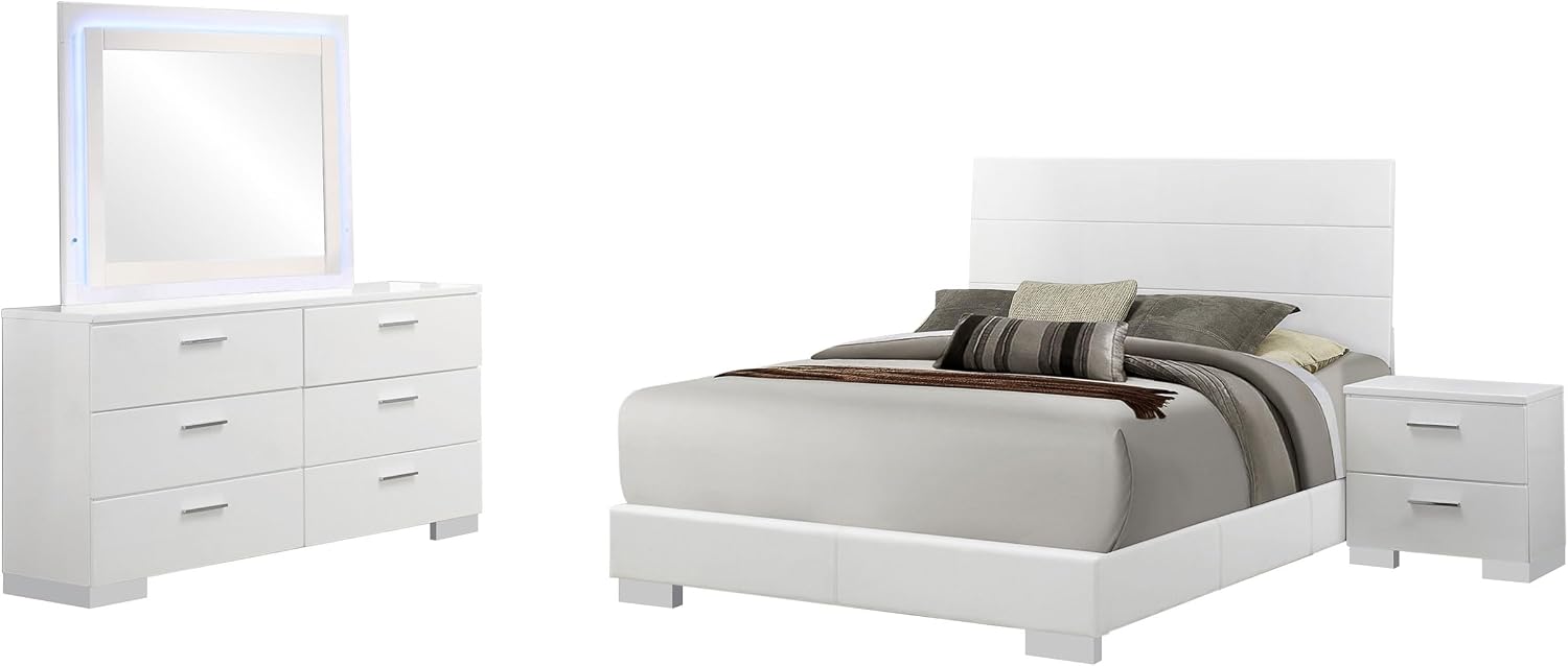 Coaster Home Furnishings Felicity Contemporary 4-Piece Bedroom Set Queen Size Panel Bed Frame 51-inch Headboard White High Gloss 203501Q-S4L