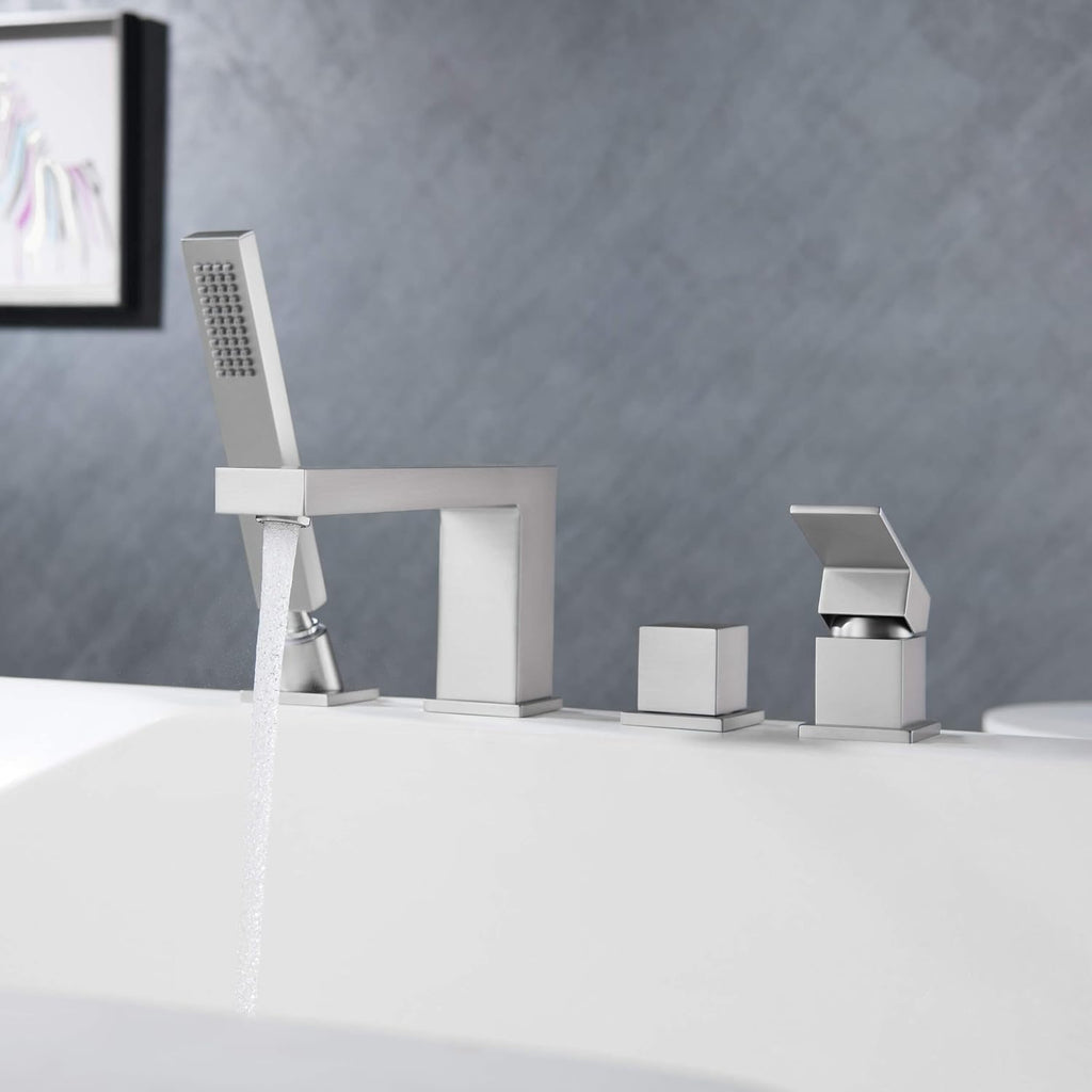 KIBI Cube Roman Single Handle Tub Faucet with Hand Shower | Deck Mount Bathtub Filler Set in Brushed Nickel | Solid Brass Body Bathtub Faucet with Easy Diverter, Pull-Out Spray & 60' Hose (KTF3102BN)