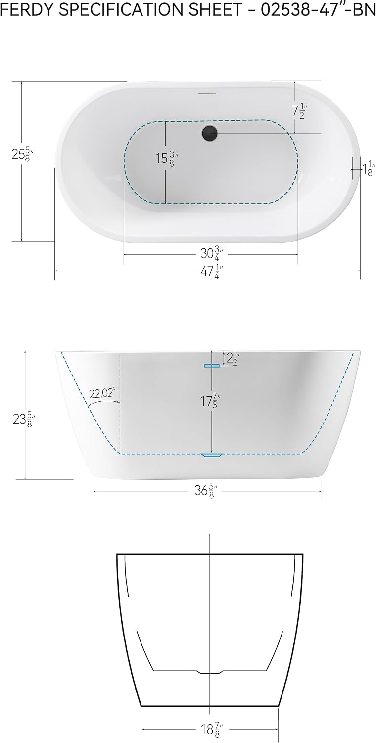 FerdY 47' Bali Acrylic Freestanding Bathtub, Gracefully Shaped Freestanding Soaking Bathtub, cUPC Certified, Toe-Tap Matte Black Drain and Minimalist Linear Design Overflow Included