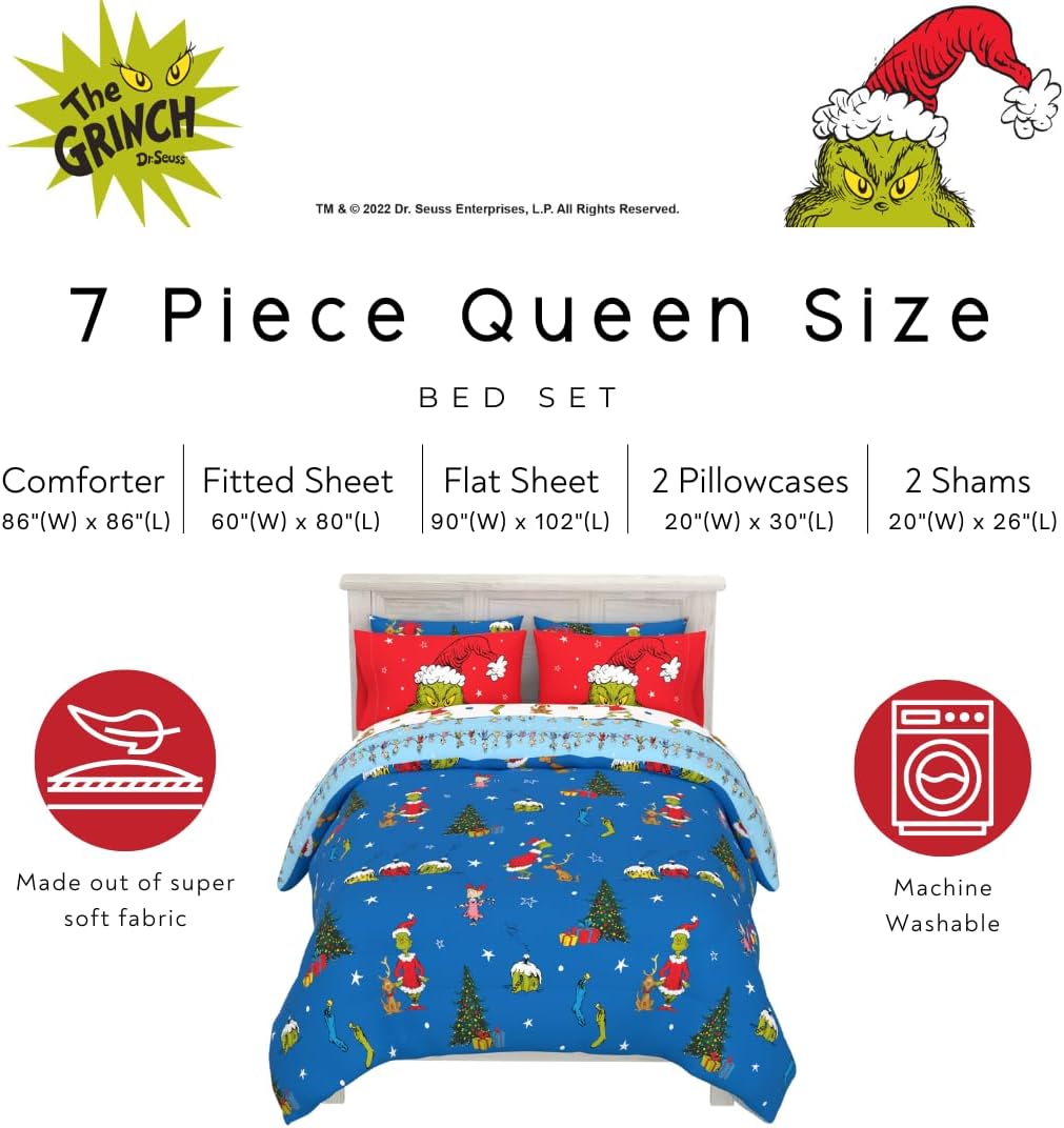 Grinch By Dr. Seuss Holiday & Christmas Bedding Super Soft Comforter and Sheet Set with Sham, 7 Piece Queen Size (Official Dr. Seuss Product) By Franco