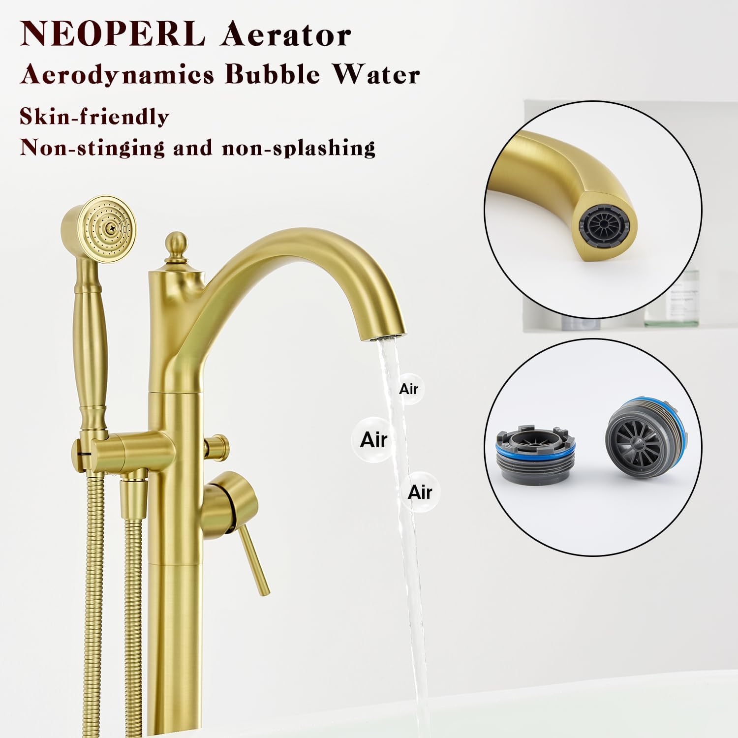 Free Standing Tub Faucet, High Flow Rate Brushed Light Gold Classic Freestanding Tub Faucets with Hand Shower Brass Floor Mount Tub Filler （WT-9002BGZZ）