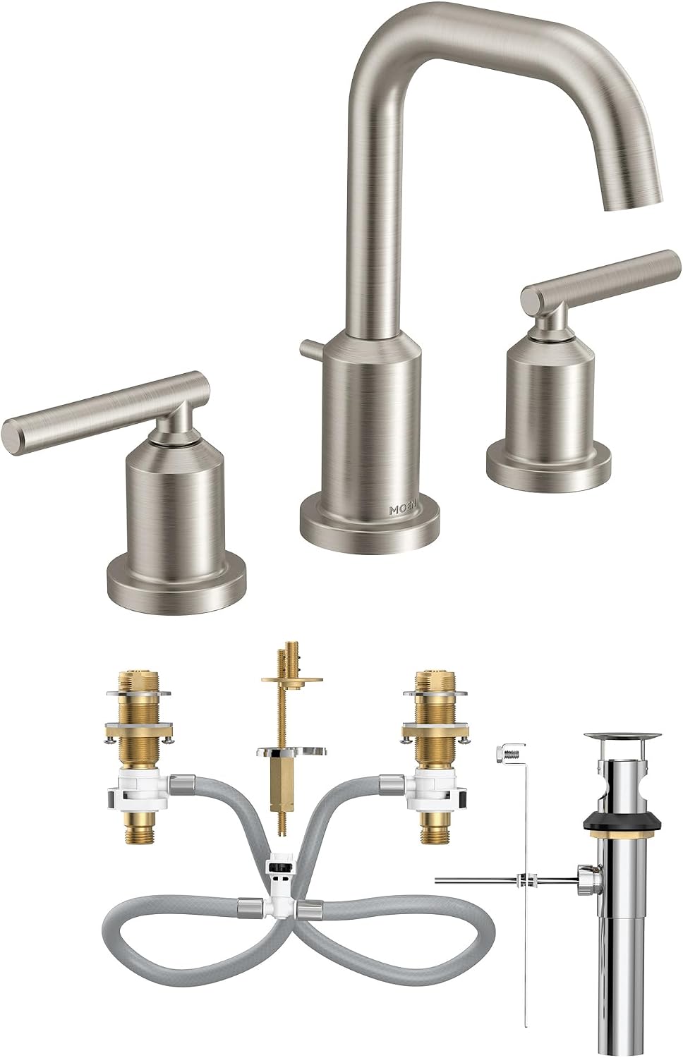 Moen Gibson Two-Handle High Arc Widespread Modern Bathroom Sink Faucet for 3-Hole Setups with Valve Included, Brushed Nickel, TV6142BN