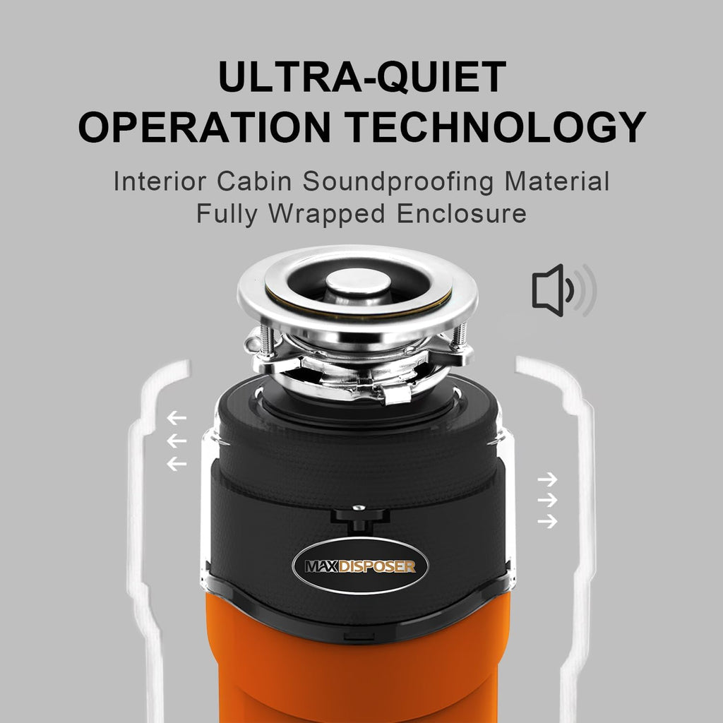 Garbage Disposal 1 HP Ultra Quiet Anti-Jam Grinding System Continuous Feed Food Waste Disposer with Power Cord Easy install, AC Motor Stainless Steel Grind 1 Horsepower (MAX-6)