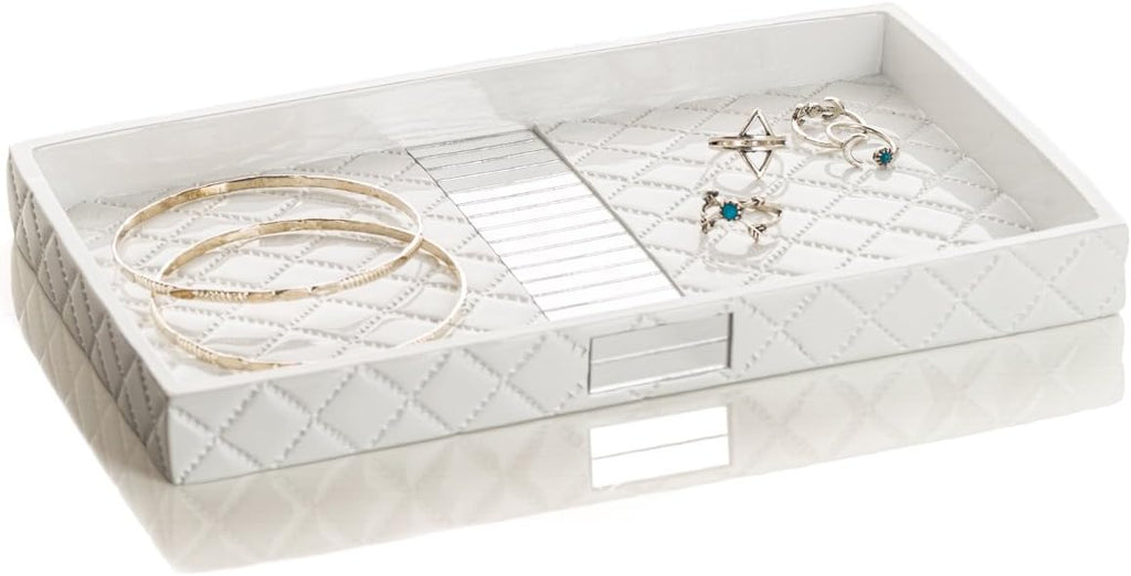 Creative Scents Quilted Mirror White Bathroom Accessories Set - 7 Pc Bathroom Set Includes Trash Can, Tissue Cover, Vanity Tray, Soap Dispenser, Toothbrush Holder, Tumbler & Soap Dish (Quilted Mirror)